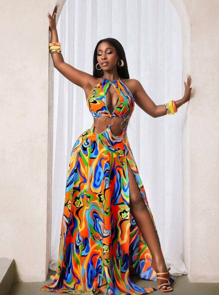 Vestido longo feminino estampa colorida - Coleção Imani